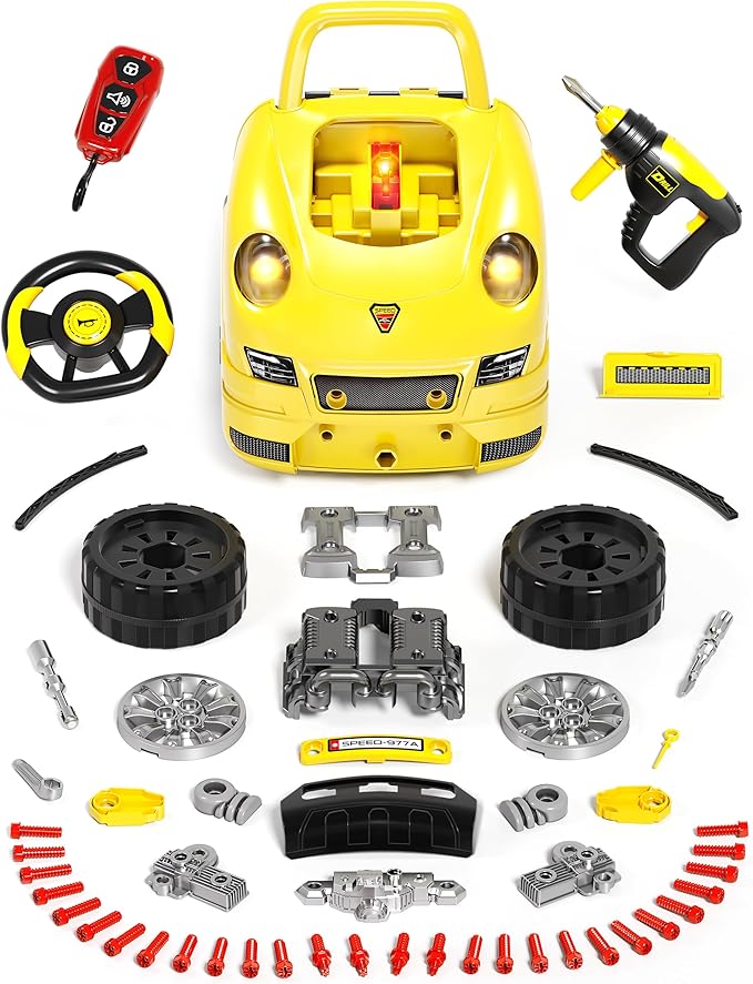 Deejoy Large Truck Builder Kit for Toddlers 3-5, Kids Mechanic Workshop Set with Light and Sound, Removable Engine, Yellow, 15.3x18.7inch