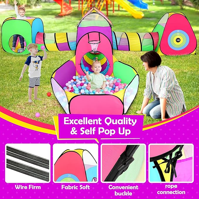 7PC Play Tent for Baby with 1 Ball Pit, 3 Kids Tents and 3 Tunnels, Large Indoor/Outdoor Playhouse, Boys & Girls Birthday Gift or Toy Playset, Target Game