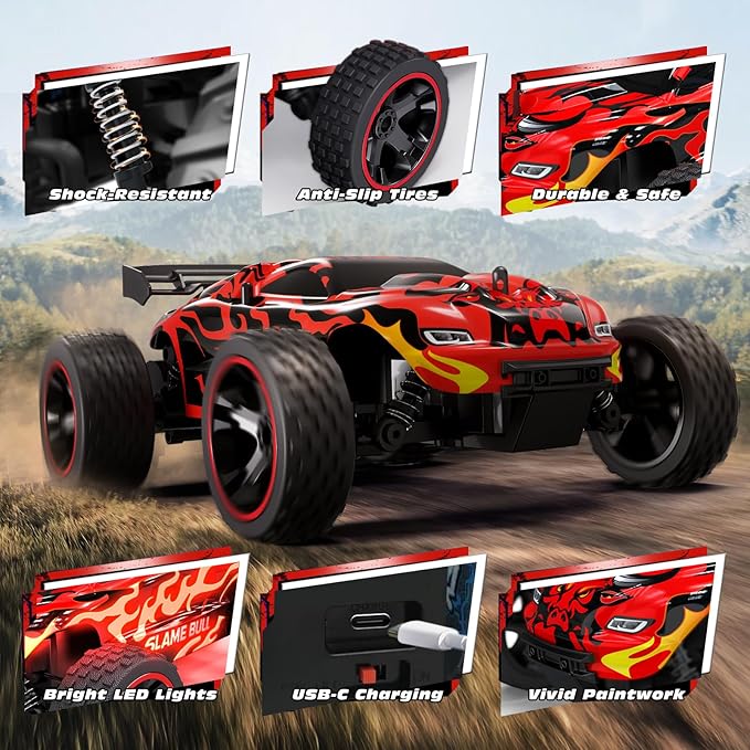 Tecnock RC Cars for Kids, 1:18 Scale 2WD RC Car with USB-C Easy Charging, 2.4GHz Remote Control Car with LED Lights & 50 Mins Playtime, Toys Gifts for Boys & Girls Ages 8-12