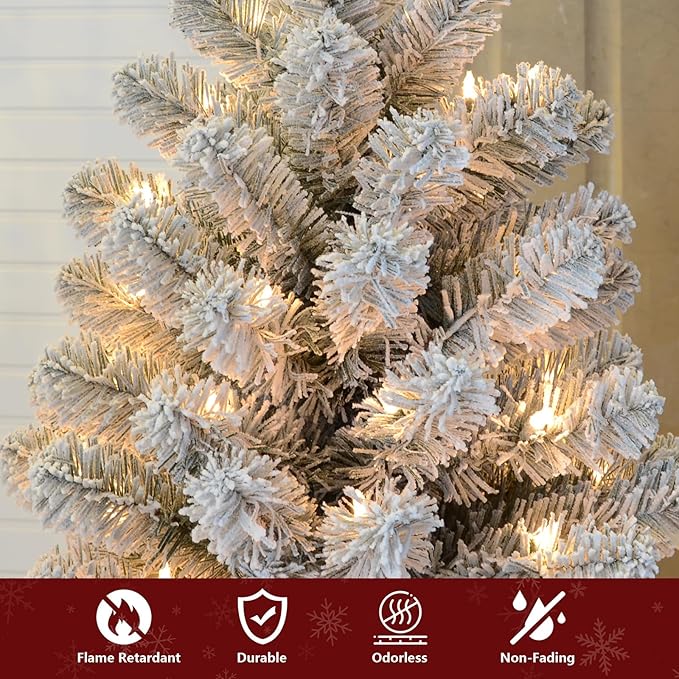 7.5ft Per-Lit Snow Flocked Christmas Tree, Artificial Christmas Tree with 550 Warm White Lights, 1474 Branch Tips, Premium Green Full Xmas Tree for Easy Holiday Setup, Foldable Metal Base