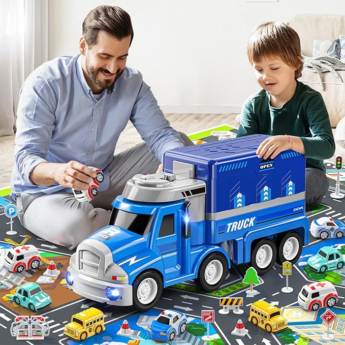 2 in1 Carrier Toy Trucks for Kids 3 4 5 6 Years Old - Vehicle Toys with 8 City Cars, Transport Race Tracks with Light and Music, Educational Car Games Gift for Toddler Ages 2-4 3-5 4-6 (Blue)