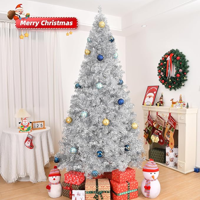 Bonnlo 6ft Unlit Christmas Tree, Artificial Christmas Tree w/1000 Branch Tips, Sturdy Metal Stand, Indoor & Outdoor Xmas Tree for Holiday Decor, Silver