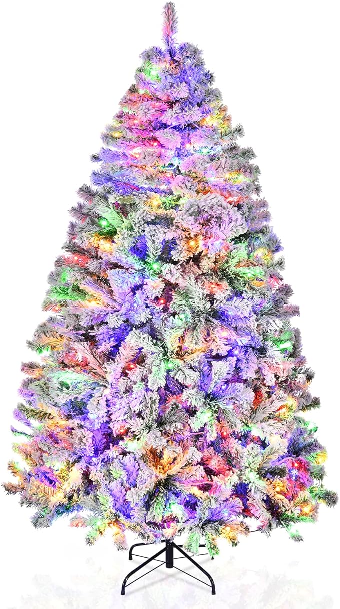 6ft Pre-Lit Snow Flocked Christmas Tree W/250 Multicolored LED Lights 11 Remote Modes, Artificial Xmas Tree W/Remote/Timer, 1000 PE & PVC Branch Tips, Holiday Décor,Home, Office,Foldable Metal Stand