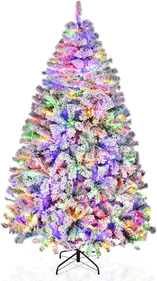 6ft Pre-Lit Snow Flocked Christmas Tree W/250 Multicolored LED Lights 11 Remote Modes, Artificial Xmas Tree W/Remote/Timer, 1000 PE & PVC Branch Tips, Holiday Décor,Home, Office,Foldable Metal Stand