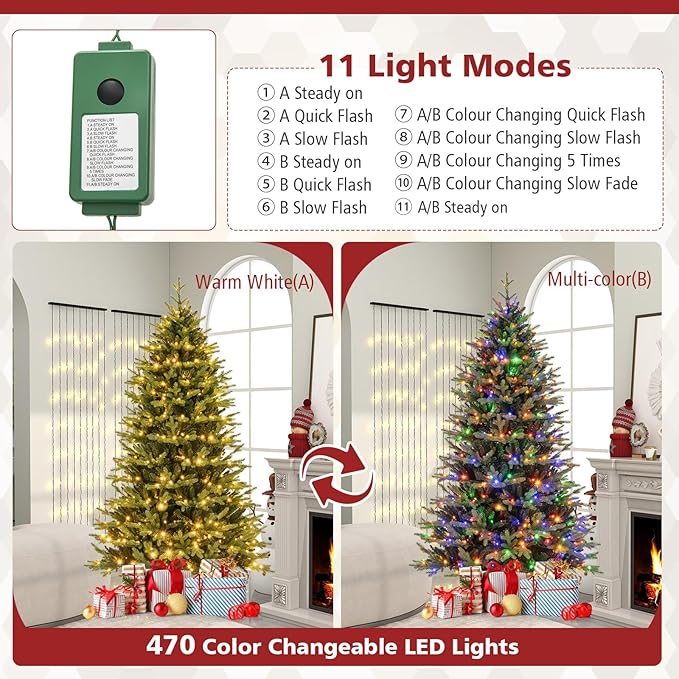 GOFLAME 7FT Prelit Artificial Christmas Tree, Hinged Christmas Tree with 470 LED Lights, 11 Lighting Modes, 1646 PE & PVC Branch Tips, Holiday Decoration Tree with Remote, Timer, Adjustable Brightness