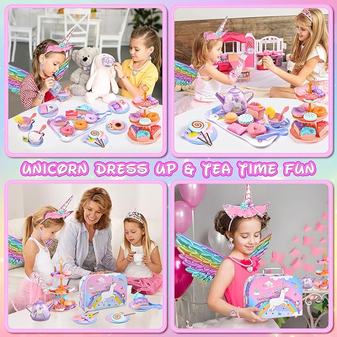 Tea Party Set for Little Girls: 63Pcs Pretend Play Toys, Unicorn Princess Dress Up Tea Time, Tin Tea Sets for Toddlers with Dessert, Carrying Case, Kids Kitchen Playset, Birthday Gift for Toddler Girl