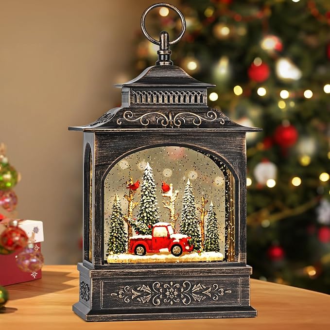 Musical Christmas Snow Globe Lantern with 6H Timer, Lighted Christmas Decorations Battery Operated Snow Globe for Home Tabletop, Red Truck & Cardinals
