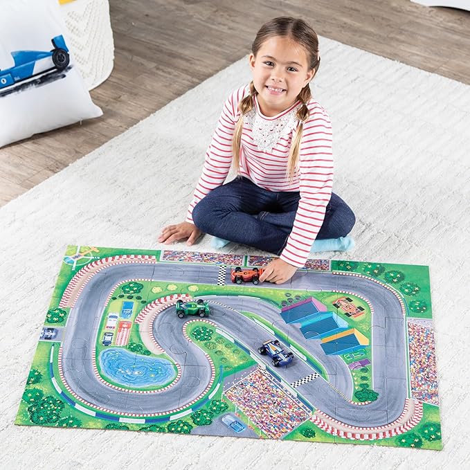 Peaceable Kingdom Puzzle & Play: Race Day - Floor Puzzle for Kids Ages 3 and Up - Includes 3 Wooden Vehicles to Zoom Around The Race Track Puzzle for a Double Dose of Fun - Measures 26” x 36”