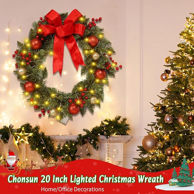 20" Large Christmas Wreath with LED Lights Winter Wreaths for Front Door or Wall Powered by 3AA Batteries for Indoor Outdoor Party Christmas Decorations