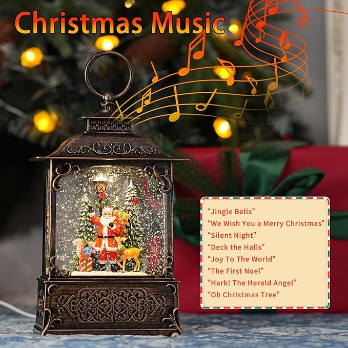 Snow Globe with Santa Claus Reindeer, Light Up Christmas Snow Globes with Music Timer - USB Plug or Battery Operated Glitter Globe Indoor Christmas Decorations