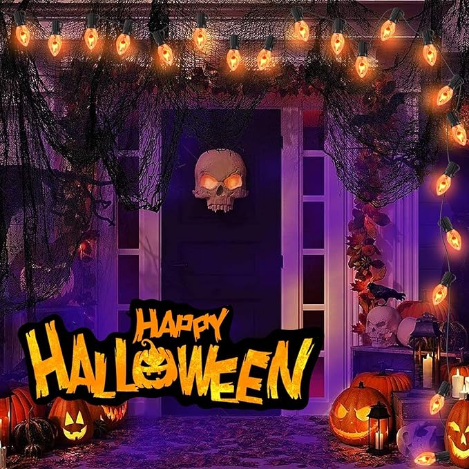 C7 Halloween Flicker Flame String Lights, 25Ft C7 Outdoor Christmas Decorations String Lights with C7 Clear Flicker Flame Bulbs, Hanging Patio Lights for Christmas Halloween Party Garden Porch-Black