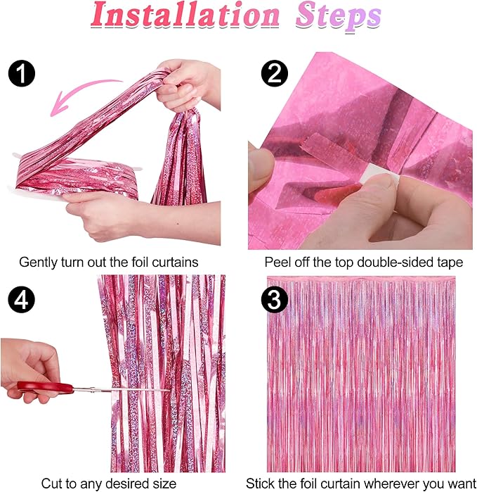 4 Pack Pink Backdrop, 3.28 FT x7.05 FT Foil Fringe Curtains, Metallic Glitter Pink Streamer Fringe Backdrop Foil Curtains, Laser Pink Birthday Party Decorations Bachelorette Decor