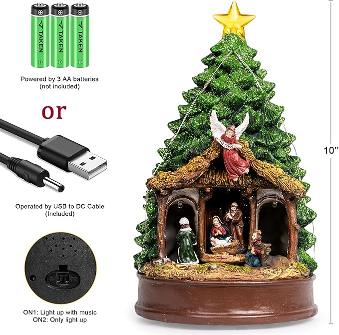 Musical Christmas Tree Rotating Nativity Scene with Star LED Light, Christmas Holy Family Angel Figurines for Xmas Decor Gift, Tabletop Decorative Christmas Trees Ornaments