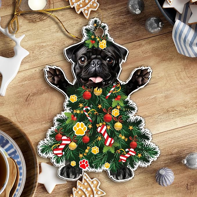 2025 Black Pug Dog Christmas Ornament - Adorable Dog Dressed as a Christmas Tree - Fun and Festive Acrylic Decoration (Black Pug Tree)