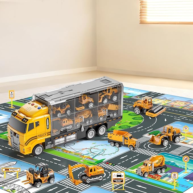 Toddler Boys Construction Truck Vehicle Toy Set with Play Mat and Die-Cast Toy Car, Transport Carrier Truck for Kids 3-5, Birthday Gifts Toys for 3-8 Year Old Boys