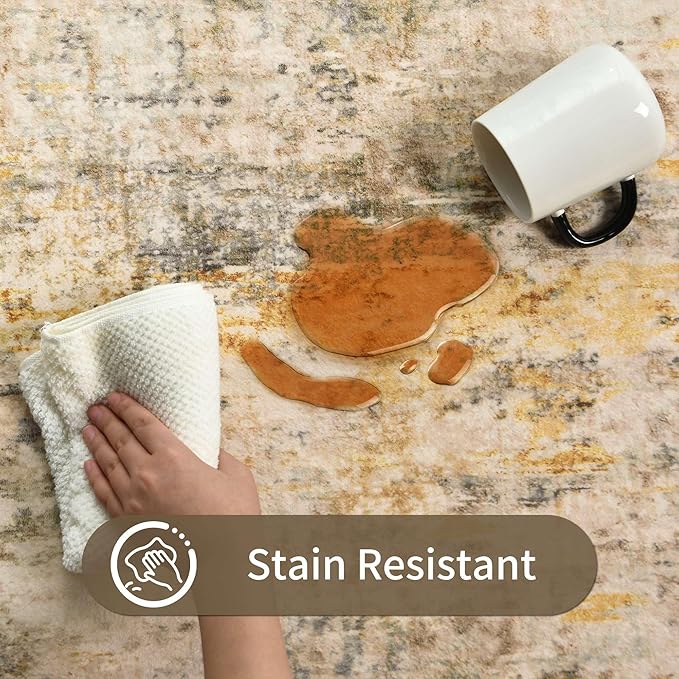 Ompaa Living Room Rug 6x9 Beige Area Rug Machine Washable Boho Rug Non Slip Abstract Vintage Indoor Large Rugs for Bedroom, Classroom, College Dorm, Farmhouse, Dining Room, Kids Playroom