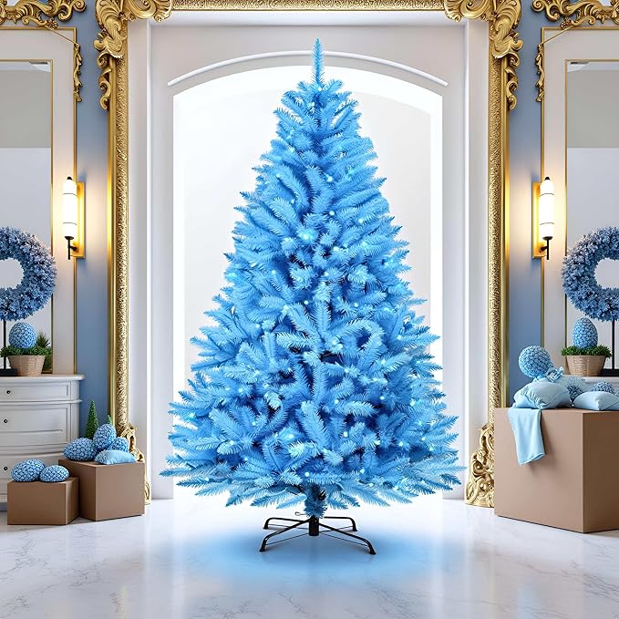 YULETIME 6.5ft Pre-Lit Blue Christmas Tree, Artificial Holiday Decorative Tree with UL Listed 300 Blue LED Christmas Lights (Blue)