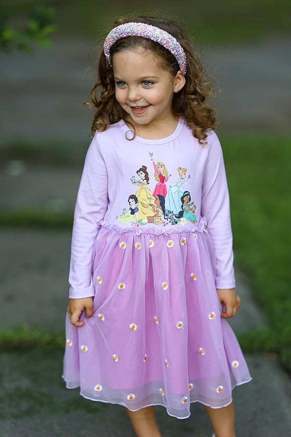 Disney Frozen Elsa Princess Cinderella Ariel Jasmine Rapunzel Baby/Toddler Dress, Ruffle Long-Sleeve Mesh Overlay Tulle Dress