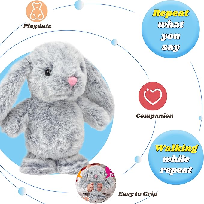Hopearl Talking Singing Bunny Repeats What You Say Rabbit Walking Electric Interactive Animated Toy Speaking Plush Buddy Gifts for Toddlers, Gray, 9''