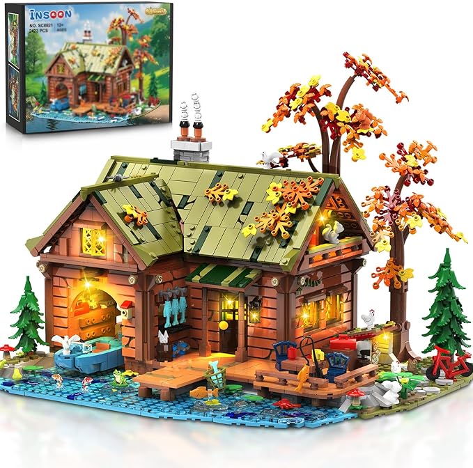 Overwater Cabin Mini Building Set with Light, 2423 PCS Wooden Forest House Building Block Toy with Boat Bike Animals, Home Decor Treehouse Construction Model Kit for Adults Teens Boys Girls 12+