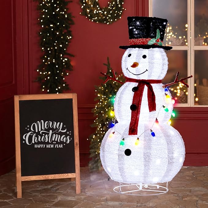 Outvita Outdoor Christmas Decorations 4ft Lighted Snowman, White Snowman with Twinkle Lights Red Scarf Black Hat & Colorful Lights, Foldable Snowman for Xmas Indoor and Outdoor Garden, Yard Decor