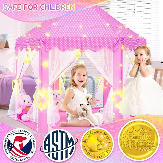 EVOIONOS Princess Tent for Girls with Large Love Lights, Pink Play Tent for Toddlers, Castle Playhouse 55 x 53 inch