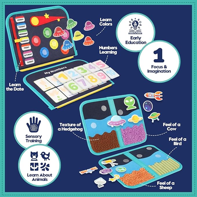 Toddler Sensory Busy Board: Travel Toy Activity Book for Girls Boys, Motor Skill Development Gift for Baby Aged 3-4 Years, Fine Educational Preschool Montessori Learning Toy for Car Airplane Space