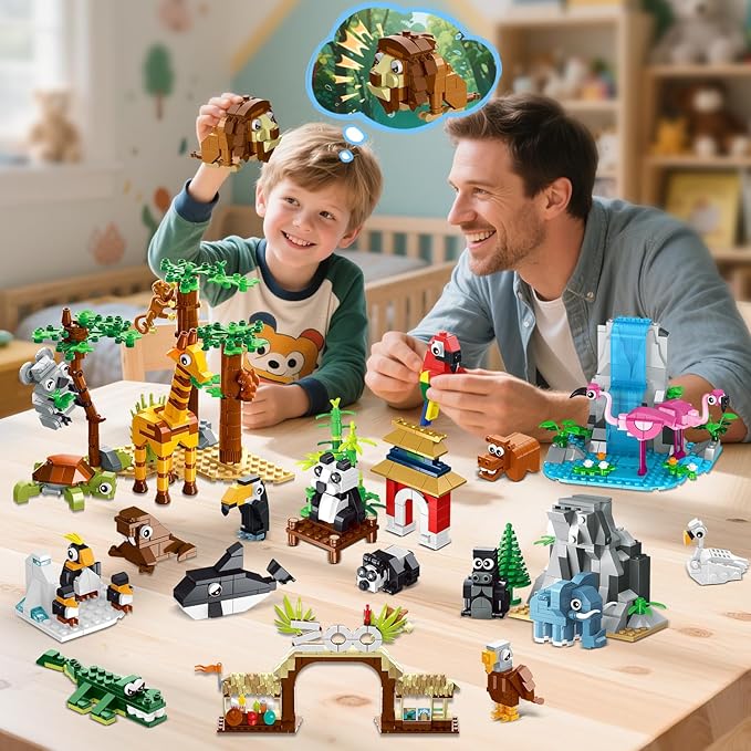HOGOKIDS 25 Animals Zoo Building Set with Play Mat - 8 Pack Zoo Scene modules Building Blocks Toy for Party Favors Goodie Bag Classroom Prizes Fillers Birthday Gifts for Kids Boys Girls 6+ (1460PCS)