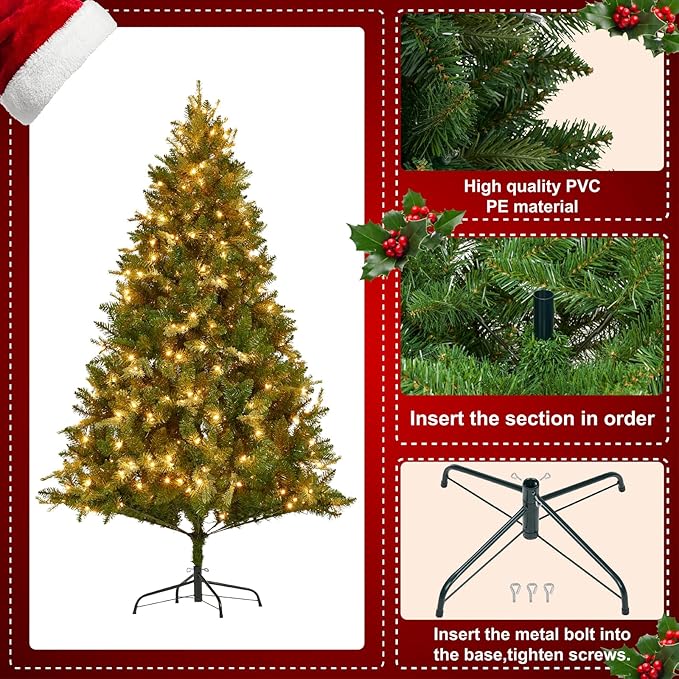 Eclolumi6.5 FT Christmas Trees with Lights, Pre-Lit Green Artificial Hinged Spruce Christmas Tree with 1428 Tips, 450 LED for Home, Party Decoration (Green 6.5FT)