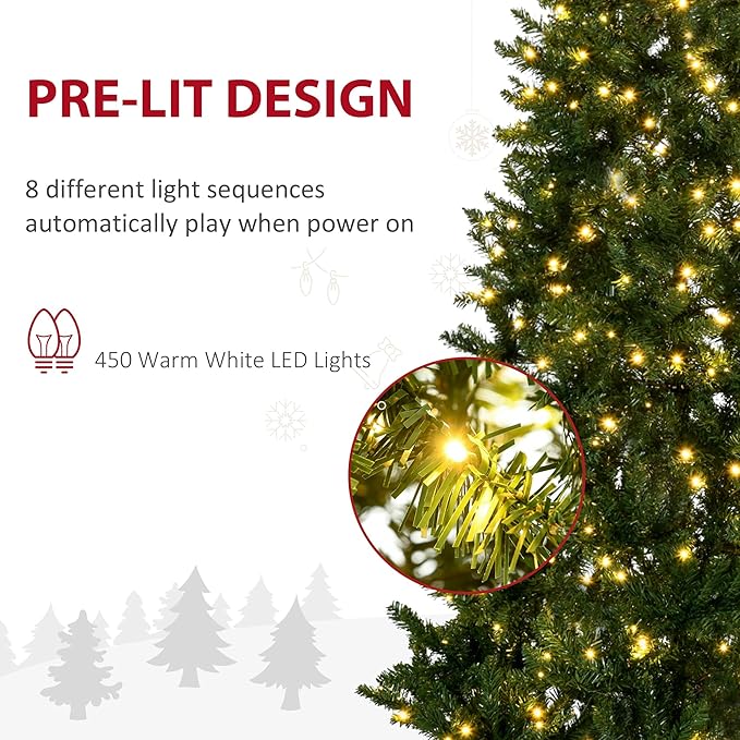 HOMCOM 7.5ft Tall Pre-lit Pine Artificial Christmas Tree with Realistic Branches, 450 Warm White LED Lights and 1146 Tips