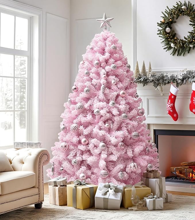 DWVO 7.5ft Pre-lit Pink Christmas Tree with Lights, Prelit Atificial Trees with 1346 Tips & 550 UL Listed Lights, Automatic Branches & Easy Assembly for Home Party