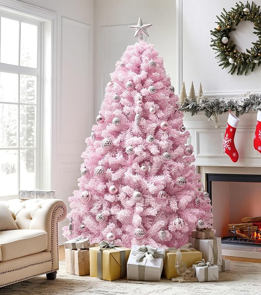 DWVO 7.5ft Pre-lit Pink Christmas Tree with Lights, Prelit Atificial Trees with 1346 Tips & 550 UL Listed Lights, Automatic Branches & Easy Assembly for Home Party