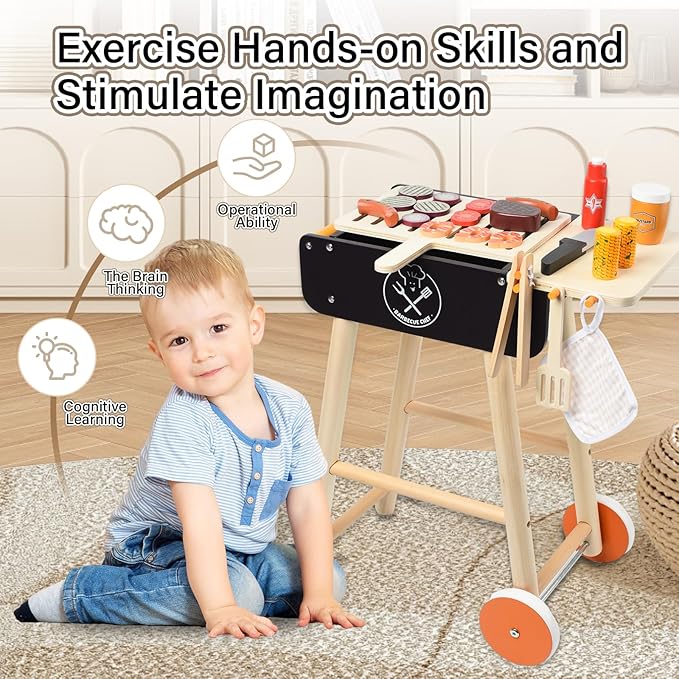 MerryPony Wooden Play Barbecue Toy Grill, Kids BBQ Grill Playset with Play Food and Grilling Tools, Kids Cooking Sets, Outdoor Play Kitchen Set, Pretend Play Kitchen Accessories Toddlers Age 3+