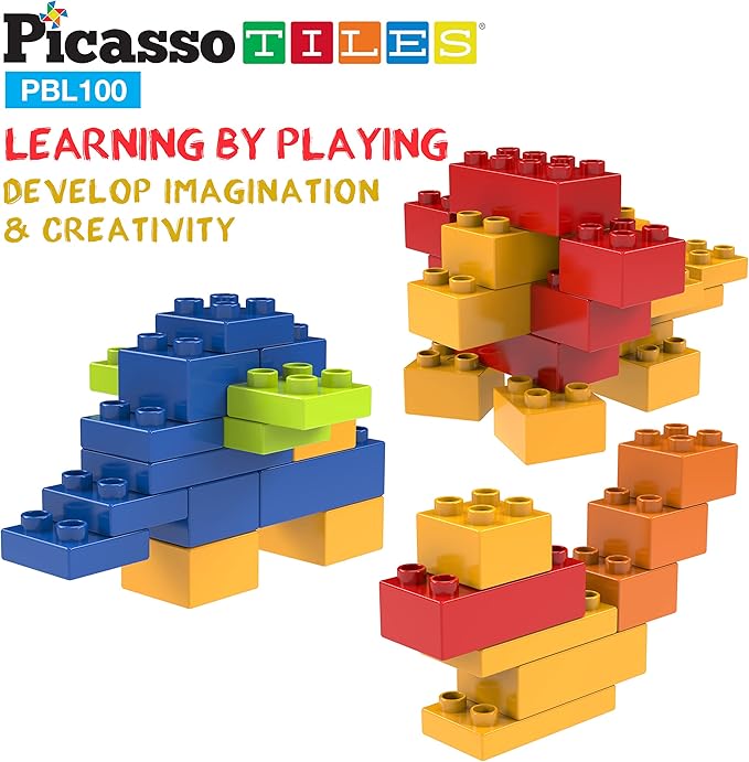 PicassoTiles 100 Piece Large Construction Brick Building Blocks STEM Bricks Toy Set Creative Learning Early Education Playset 5 Colors 4 Unique Shapes Mix & Match Toys for Kids Boys Girls Child Age 3+
