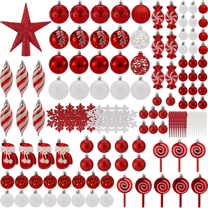 Shatterproof Christmas Ball Ornaments Set, 130 Pack Christmas Tree Decorations, Assorted Hanging Christmas Balls Bulk for Holiday Indoor Outdoor Xmas Party Decor (130 Red)