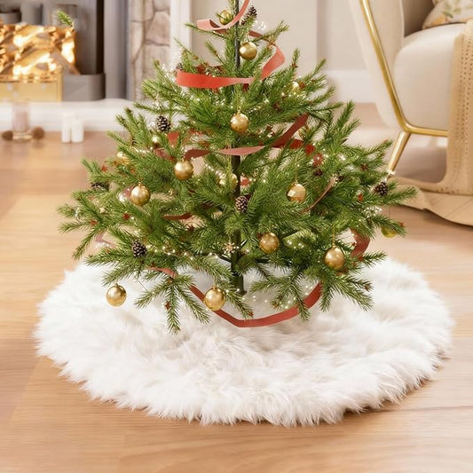 iMucci 12inch Mini Wool Fur White Tree Skirt Small Christmas Tree Skirt Snowy White Plush Velvet Tabletop Christmas Tree Skirt Holiday Party Decoration