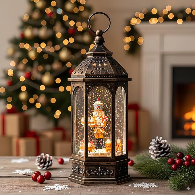 12.8'' Christmas Snow Globe Lantern, Gingerbread Man Train Will Rotate Around The Gingerbread Nutcracker with Musics Swirling Glitter Water Lantern Decoration for Home, Battery Operated or USB Powered