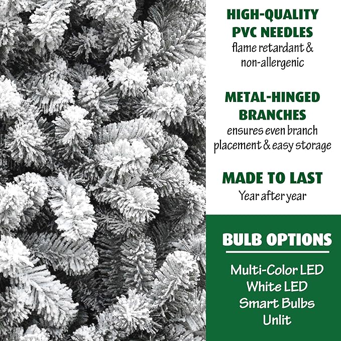 Fraser Hill Farm 6.5-Ft. Alaskan Pine Flocked Artificial Christmas Tree with Stand, Unlit Foldable Fake Tree with Realistic Snowy Foliage for Home Decoration