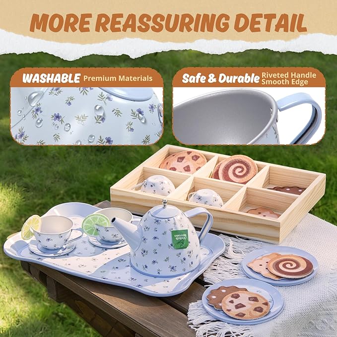 Kids Tea Party Set for Little Girl, Tea Sets for Toddler Pretend Play Food Kitchen Toy Accessories Gift for 3 4 5 6 Years Old Girls Boys (Blue)