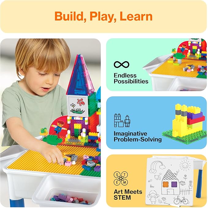 PicassoTiles 585pc Kids Activity Table with Magnetic Tiles and Bricks STEM Pretend Play Learning with Reversible Brick Whiteboard Tabletop Storage Bins and Extra Add-On Toys Boys Girls Ages 3+ PBT585