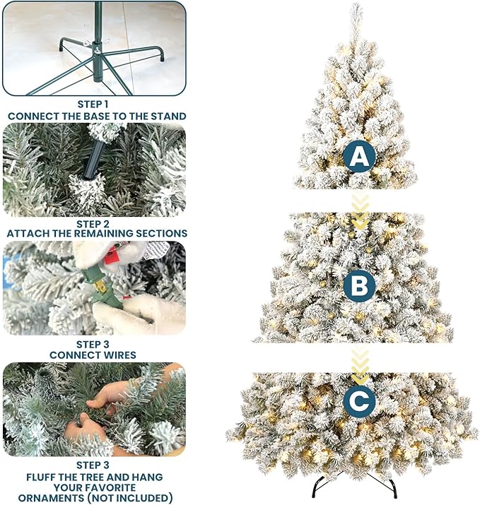 Kadunmina 6ft Pre-lit Artificial Christmas Tree, Hinged Snow Flocked Xmas Trees with 300 Incandescent Warm White Lights, 779 Branch Tips and Metal Stand for Home, Office, Holiday Decor,Green & White