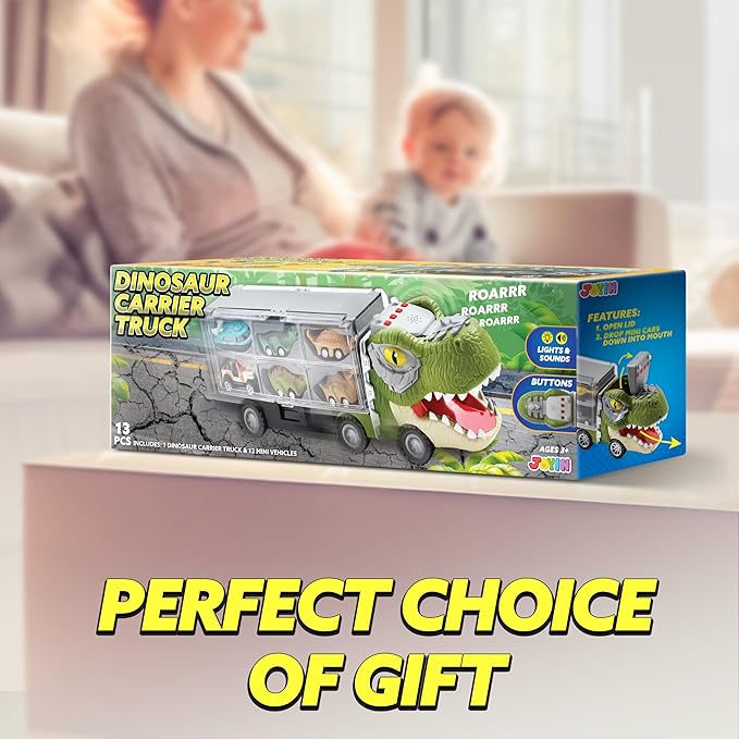 JOYIN 13 in 1 Dinosaur Toys for Kids 3-5, Dinosaur Truck with 12 Pull Back Cars, Small Cars Set, Birthday Gifts Toys for 3 4 5+ Year Old Boy, Transport Carrier Truck for Toddlers 3-4 Years