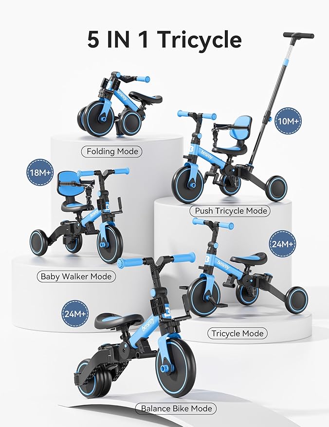 besrey 5 in 1 Toddler Bike, Toddler Tricycle for 1-3 Year Old, Trike with Push Handle, Backrest and Safety Belt, Birthday Gifts and Toys for Boys and Girls, Balance Bike