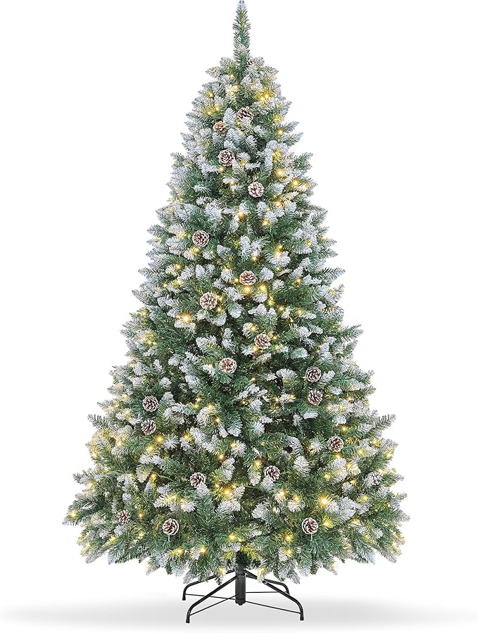 7.5FT Pre-Decorated Holiday Christmas Tree for Home, Office, Party Decoration, Partially Flocked Design, Pine Cones, Metal Hinges & Base - Green/White (Regular Warm, 7.5FT)