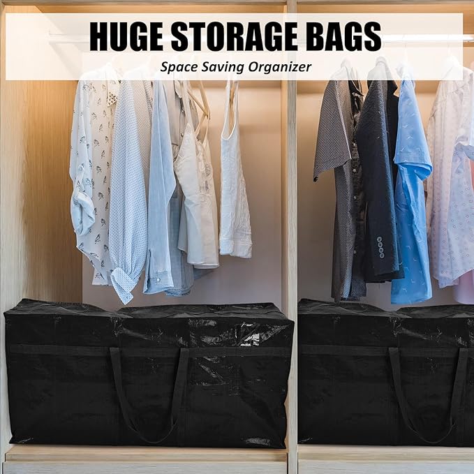 Windyun 4 Pack 69 Gallon Extra Large Storage Bags XXL Moving Bags with Zipper Handles Heavy Duty Jumbo Big Totes Box for Halloween Skeleton 4-12 Feet Christmas Tree Storage College Dorm Cloth (Black)