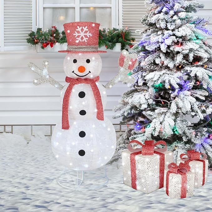 Outdoor Snowman Lighted, Pop-Up Snowman Outdoor Yard Christmas Decorations Prelit 100 Lights, Collapsible Lighted Snowmen Wear Scarf and Hold Light Up Gift Box for Home Pink Christmas Décor-Pink