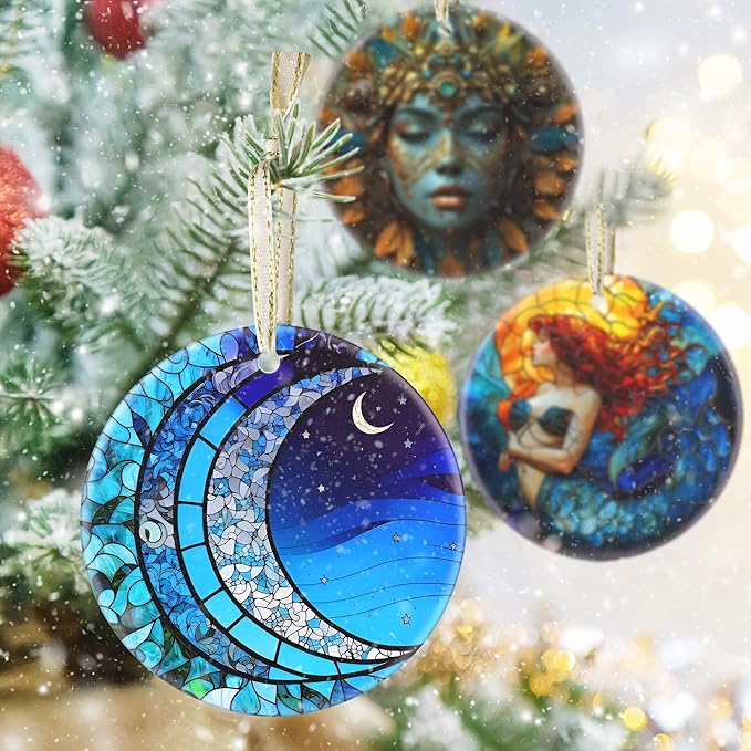 3.5 Inch Ceramic Christmas Tree Ornament, Blue Moonlight Christmas Ornaments, Heirloom Keepsake, Gift Exchange, Gift Idea, Bauble Present