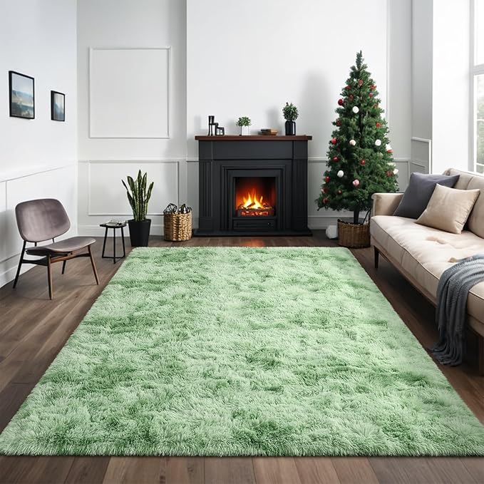 Nuttumico Fluffy Modern Area Rugs for Living Room Bedroom, 4x6 ft Sage Green Tie-Dyed Plush High Pile Rug for Kids Girls Room Nursery Home Decor, Upgrade Non-Slip Soft Indoor Rug