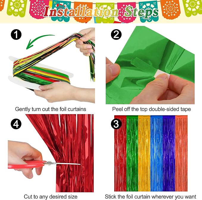 2 Pack Cinco De Mayo Decorations, 3.28 FT x 7.05 FT Fiesta Rainbow Backdrop, Mexican Style Fringe Curtains Tinsel Backdrop Party Streamer, Metallic Taco Party Decorations Mexican Decor