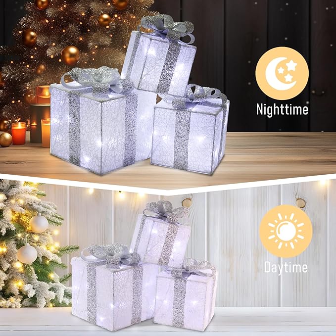 Christmas Light Gift Box Decorations, 3-Piece Set, Pre-Strung Wired Gifts with Bows, Illuminate Christmas Tree Skirt Decorations. Suitable for Indoor and Outdoor Use.（Silver）